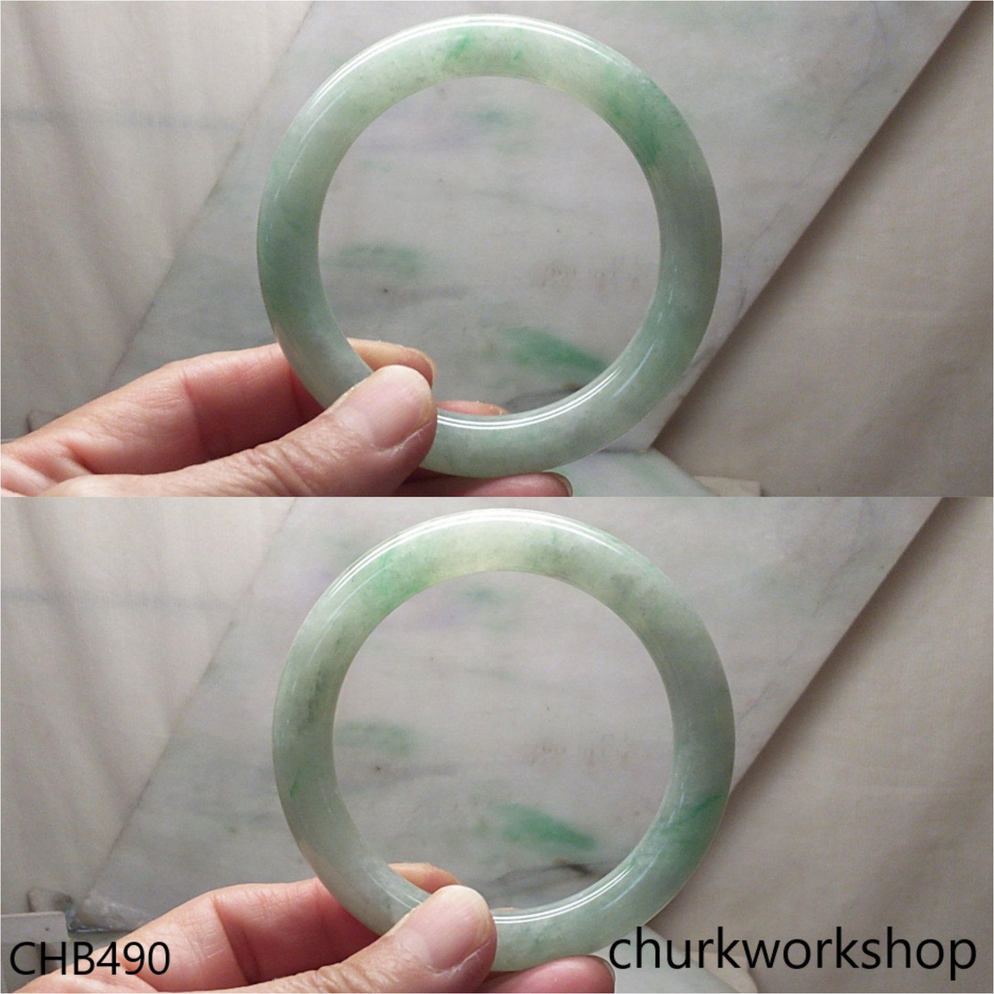 Large light green with splotches green jade bangle