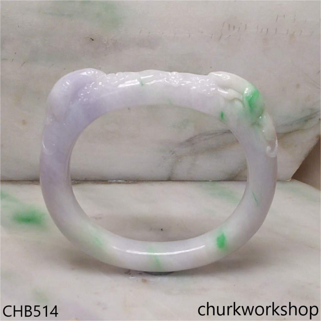 White base jade carved 2 birds oval bangle