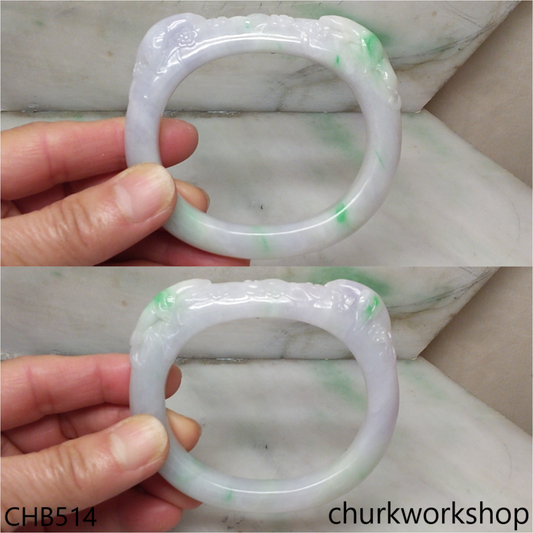 White base jade carved 2 birds oval bangle