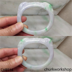 White base jade carved 2 birds oval bangle