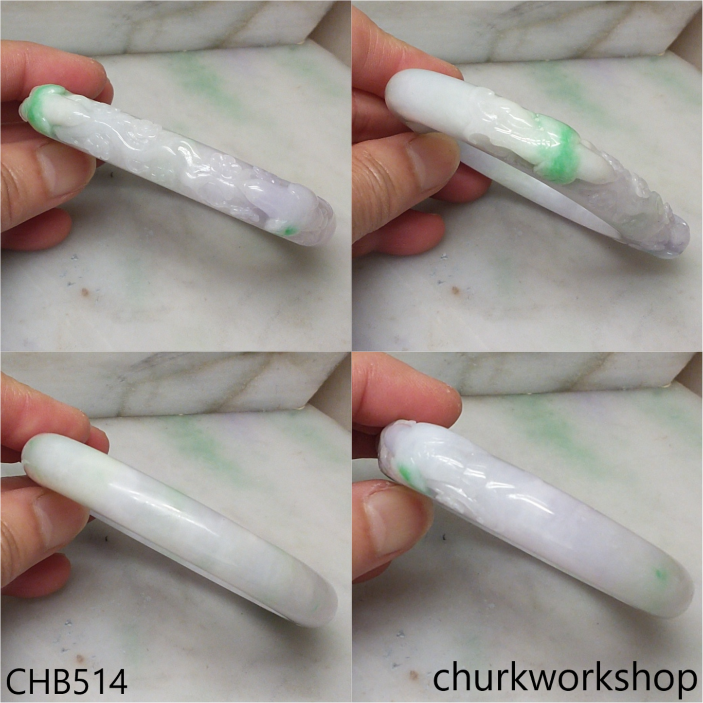 White base jade carved 2 birds oval bangle