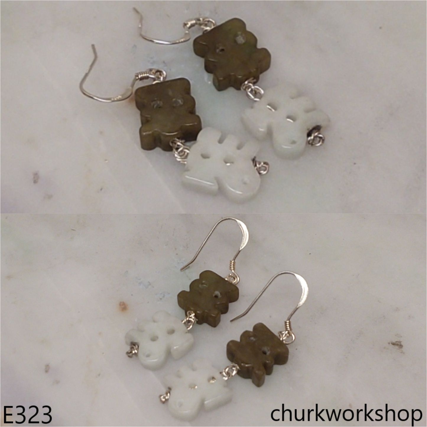 White & brown color jade earrings