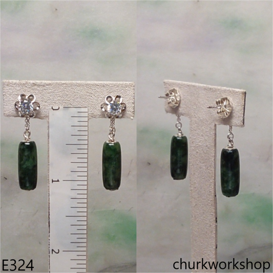 Green jade long beads silver earrings