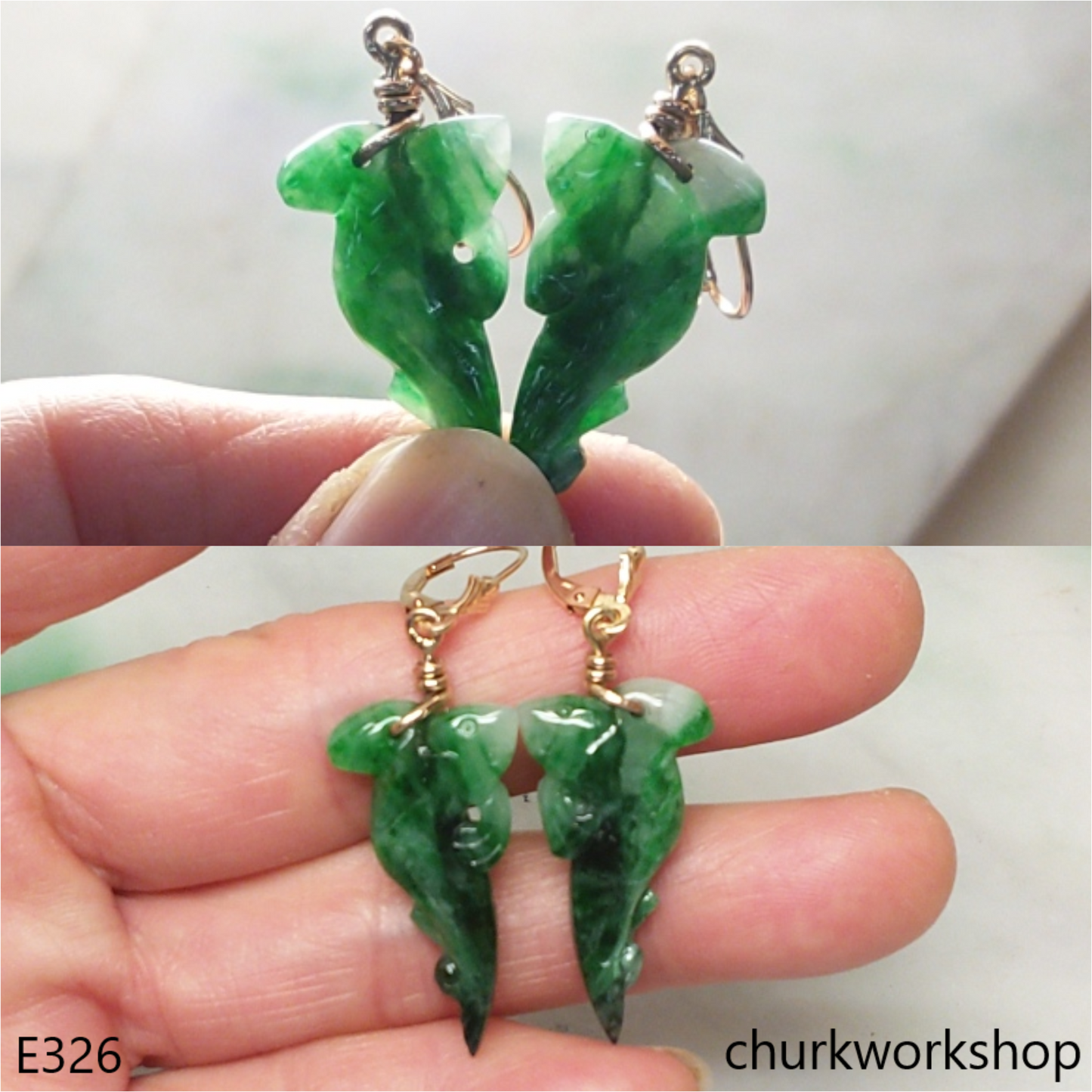 14K dangling jade earring
