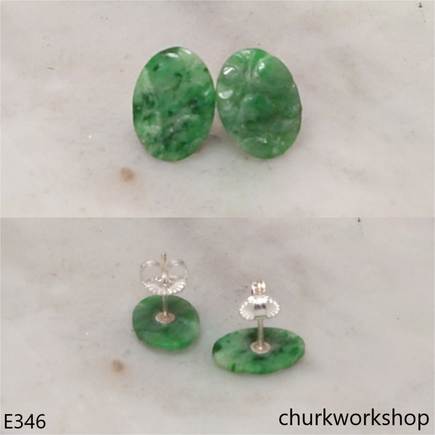 Carved green jade ear studs