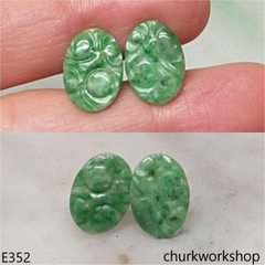 Carved green jade ear studs