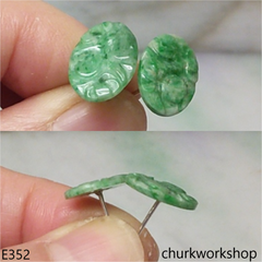 Carved green jade ear studs