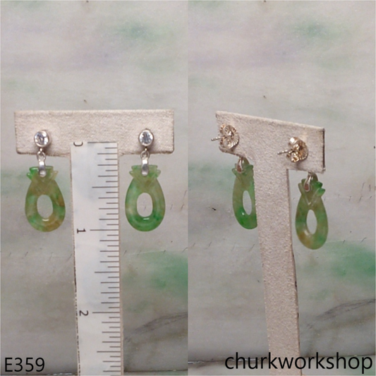 Green mix yellowish jade carving earrings