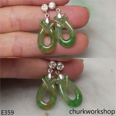 Green mix yellowish jade carving earrings