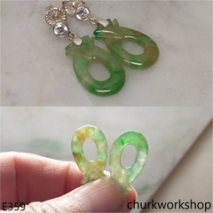 Green mix yellowish jade carving earrings