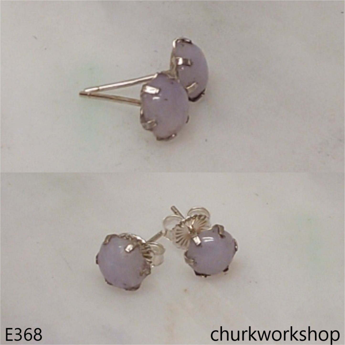Lavender jade half bead silver ear studs