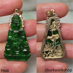 14K gold green jade lady Buddha