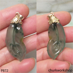 Reserved Bluish green jade leaf pendant in 14k gold