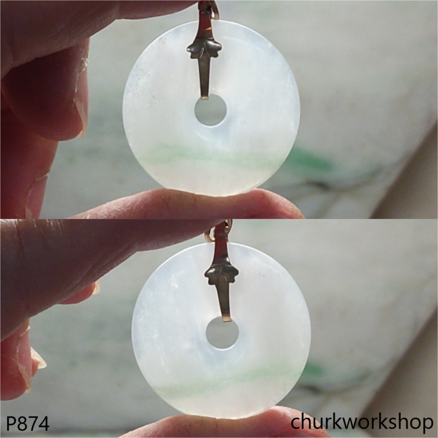 Pale lavender with green jade Donut pendant