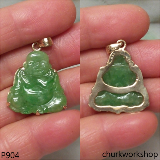 14K green jade happy Buddha pendant