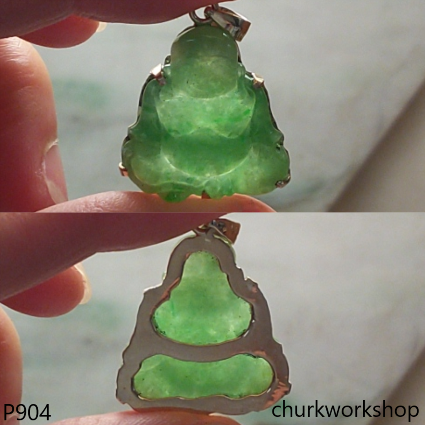 14K green jade happy Buddha pendant