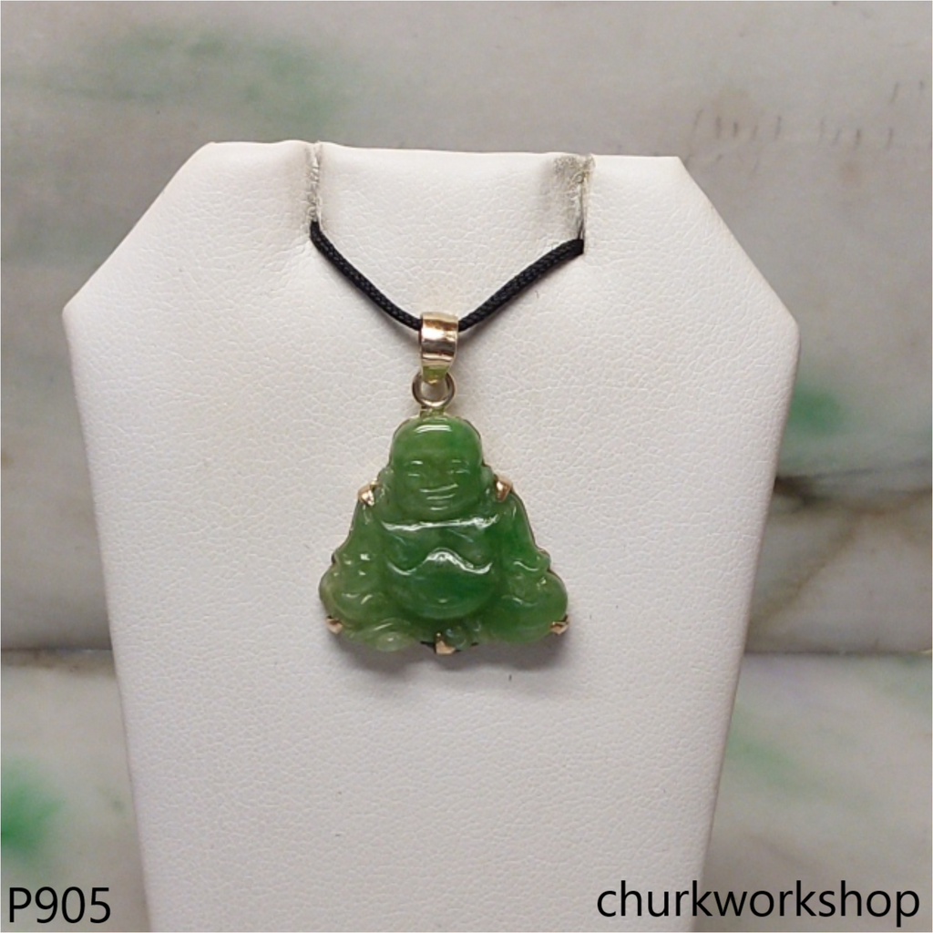 14K green jade happy Buddha pendant