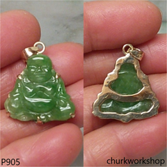 14K green jade happy Buddha pendant