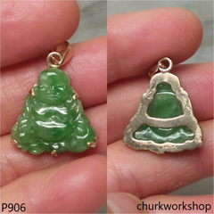 14K green jade happy Buddha pendant