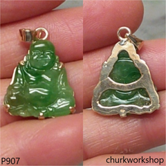 14K green jade happy Buddha pendant