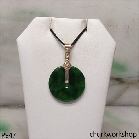14K gold deep green flat disc pendant