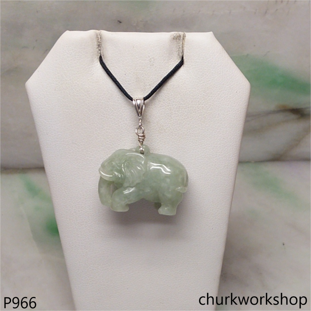 Light green jade elephant pendant with silver bail
