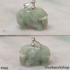 Light green jade elephant pendant with silver bail