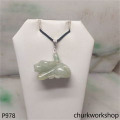 Green jade Ox pendant with silver bail
