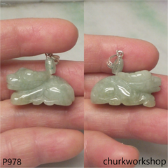Green jade Ox pendant with silver bail