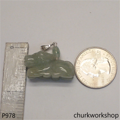 Green jade Ox pendant with silver bail