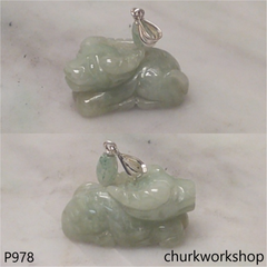 Green jade Ox pendant with silver bail
