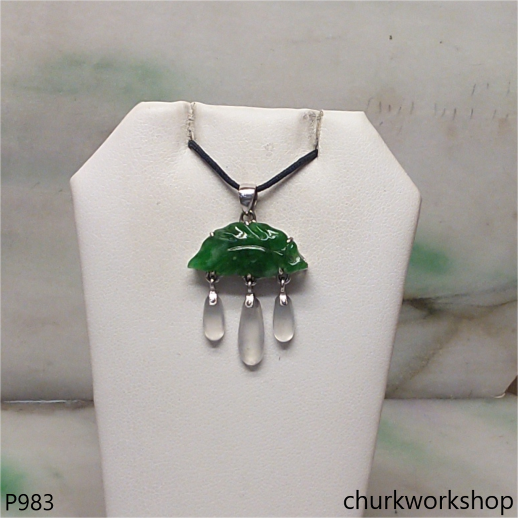 Green jade leaf pendant in 14k white gold