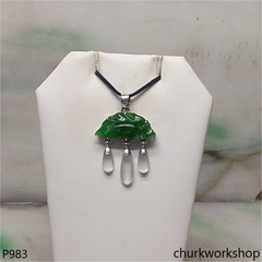 Green jade leaf pendant in 14k white gold