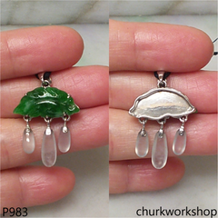 Green jade leaf pendant in 14k white gold