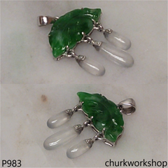 Green jade leaf pendant in 14k white gold