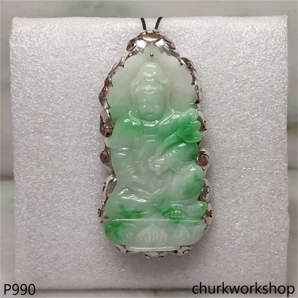 14K white gold jade lady Buddha pendant