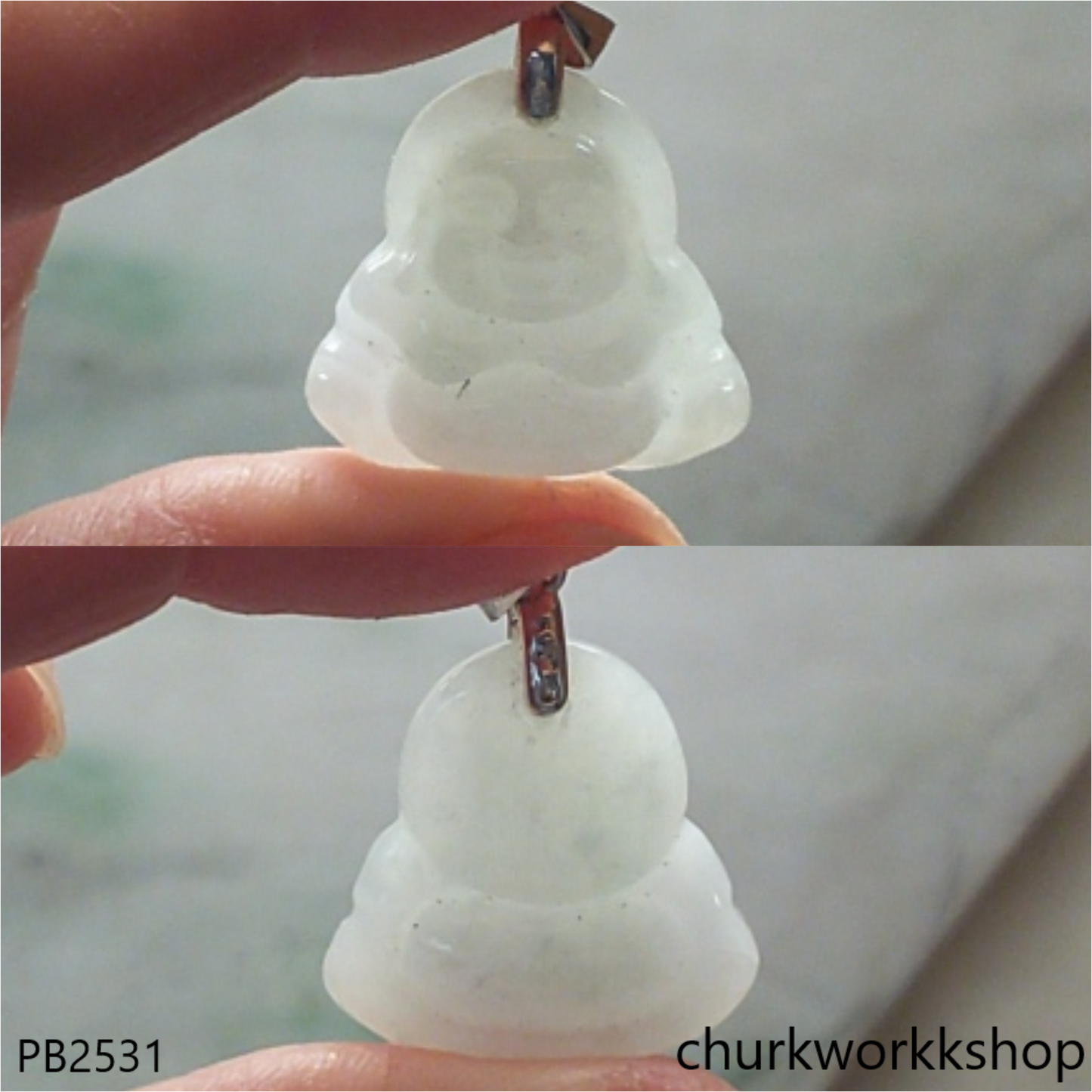 Small pale green jade happy Buddha pendant