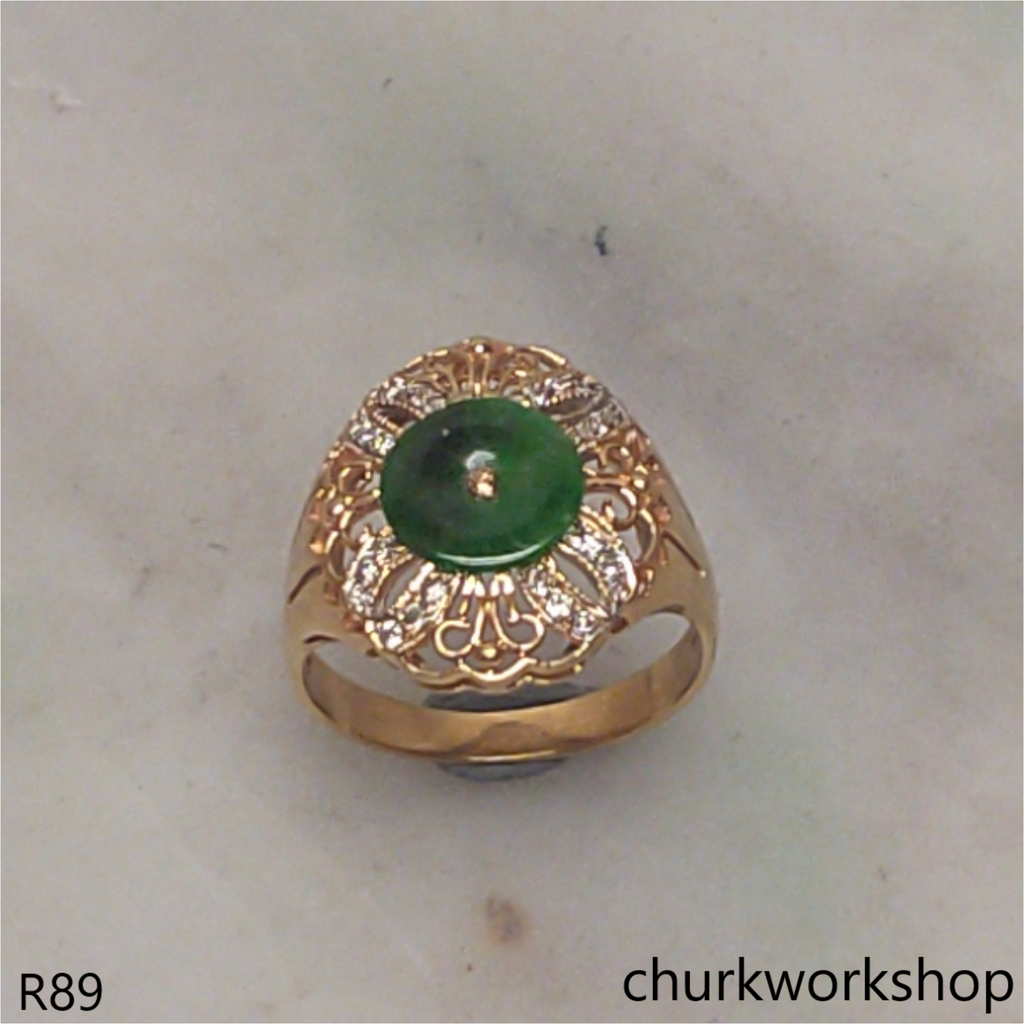 18K yellow gold diamond green jade ring