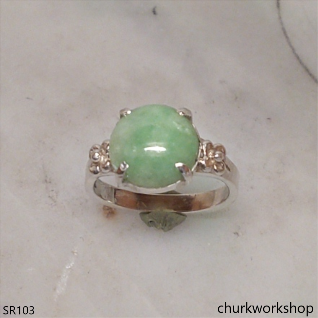Green half bead jade ring sterling silver