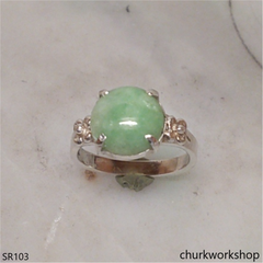 Green half bead jade ring sterling silver