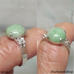 Green half bead jade ring sterling silver