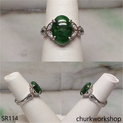 Green jade oval sterling silver ring