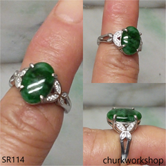 Green jade oval sterling silver ring