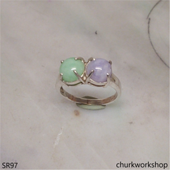 Light green & lavender jade ring sterling silver