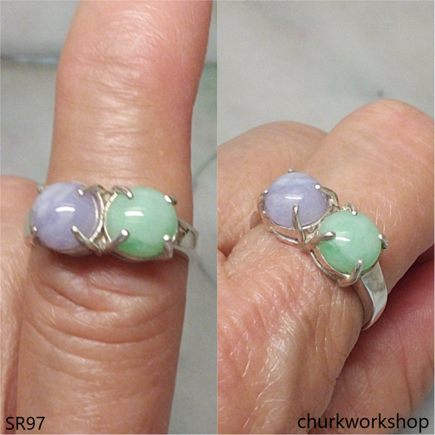 Light green & lavender jade ring sterling silver