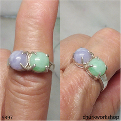 Light green & lavender jade ring sterling silver