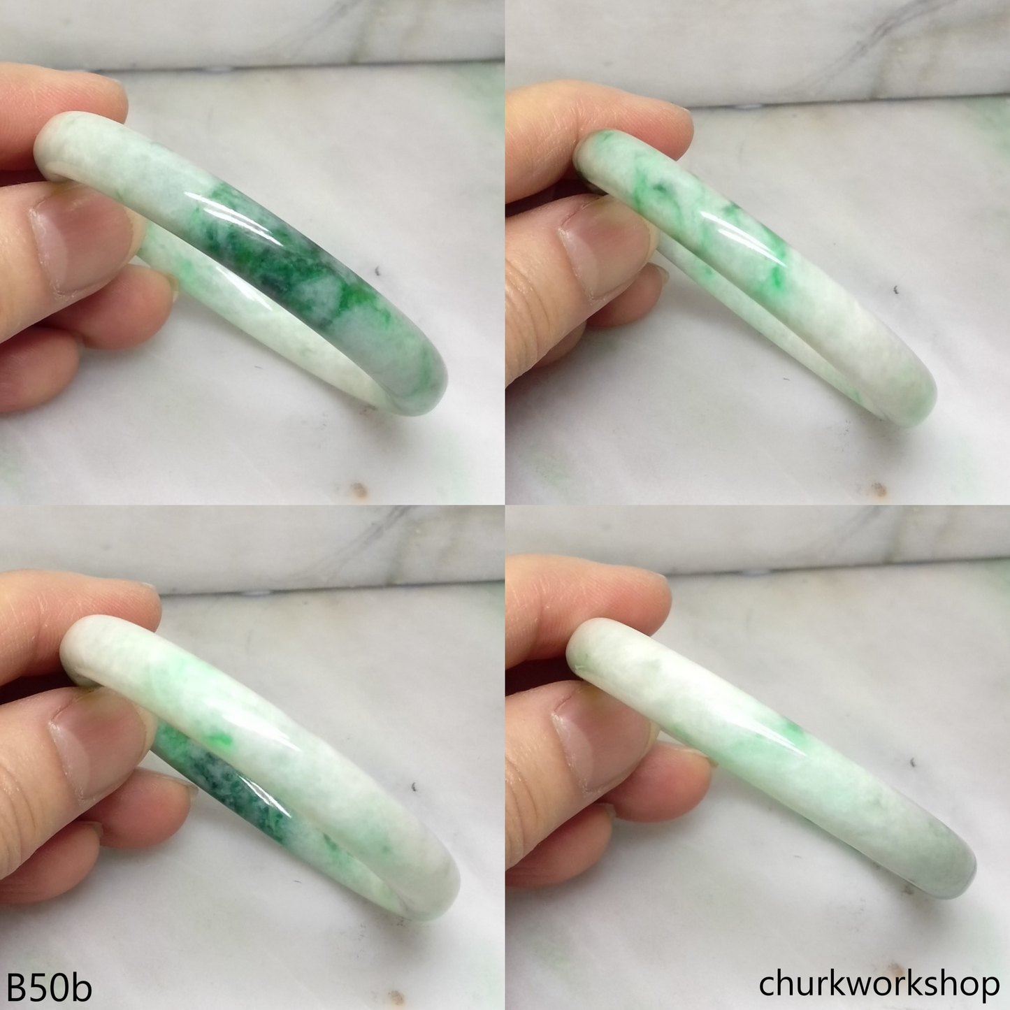 Small white base with splotches green jade bangle