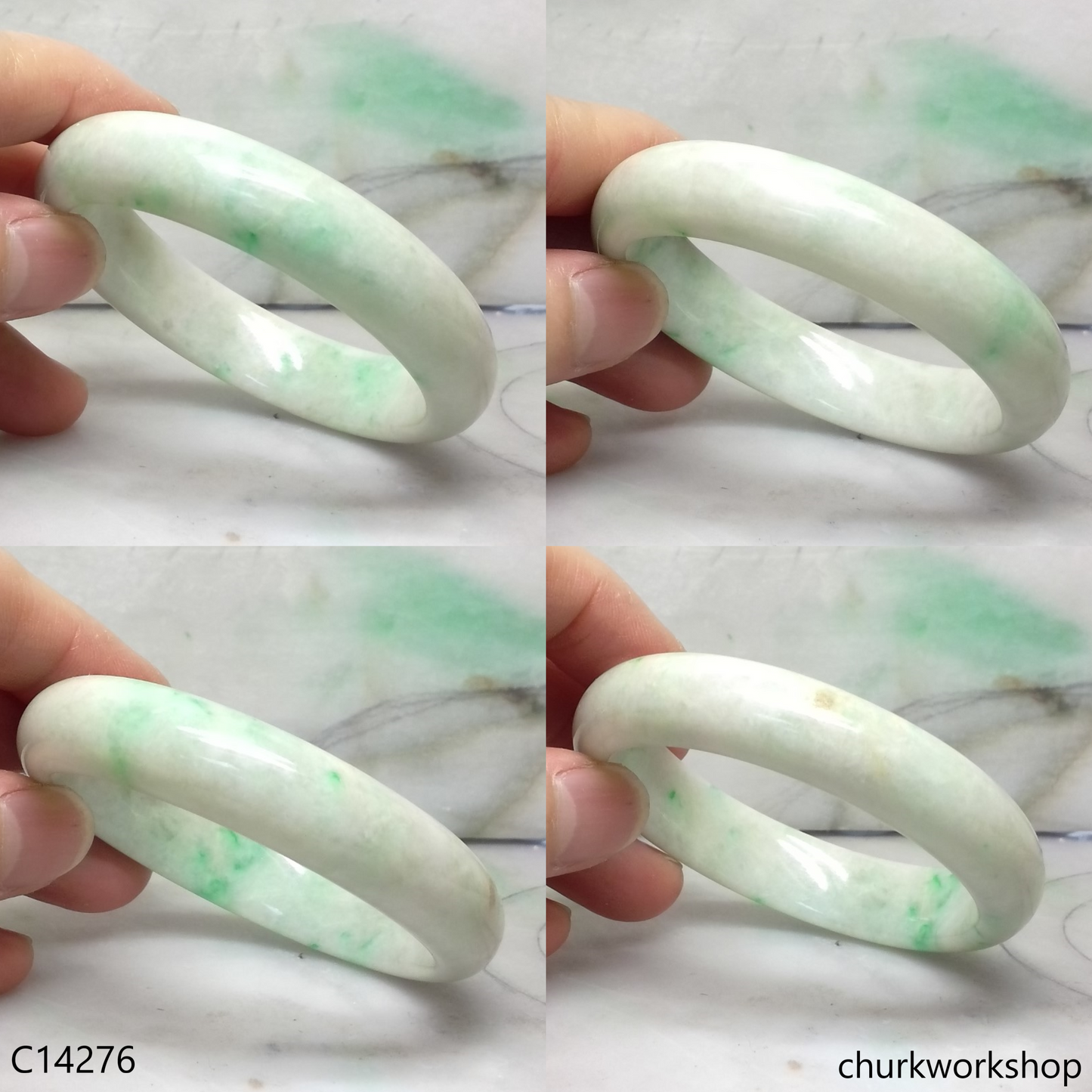 White base with splotches apple green jade bangle