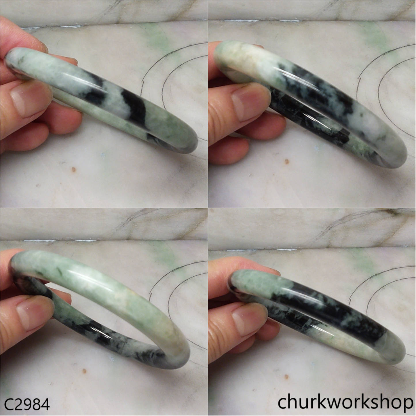 Light green mix black splotches jade bangle