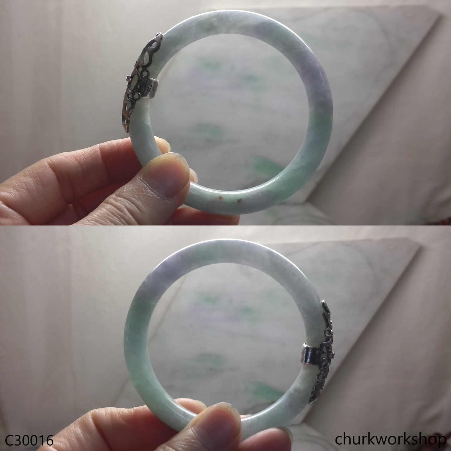 Light green mix lavender jade bangle with silver wrap